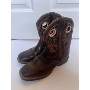Justin Brands Brown Leather Square Toe Western Cowboy Boots 7523JK Kids 5D